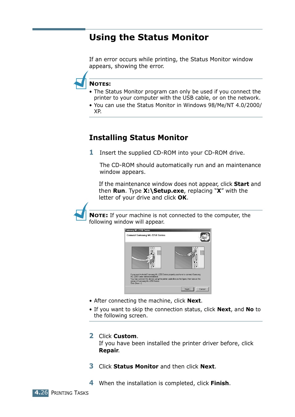 Using the status monitor, Installing status monitor | Samsung ML 2250 User Manual | Page 101 / 197