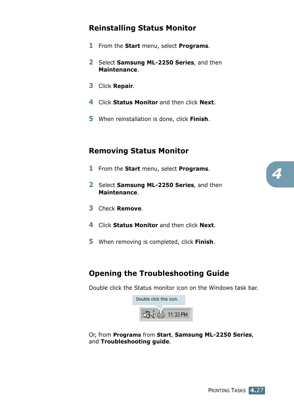 Reinstalling status monitor, Removing status monitor, Opening the troubleshooting guide | Samsung ML 2250 User Manual | Page 102 / 197