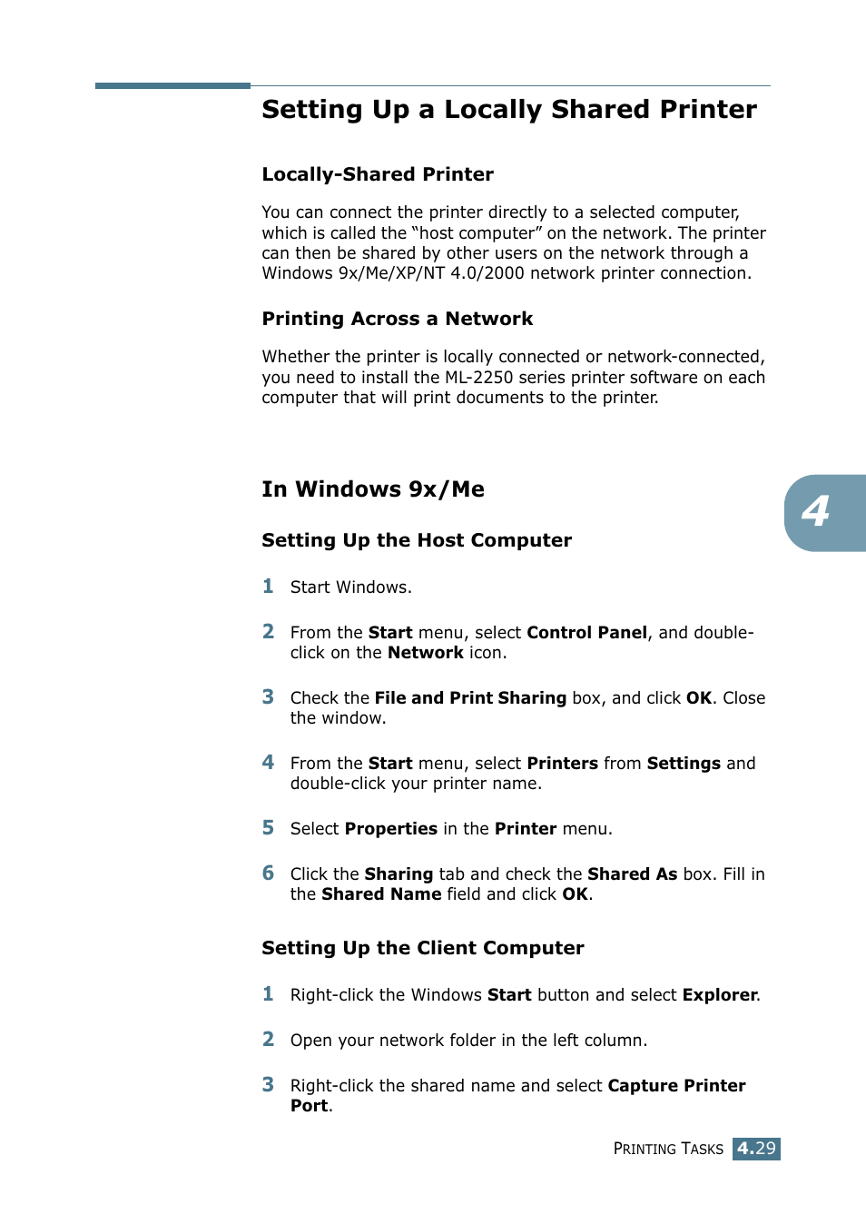 Setting up a locally shared printer, In windows 9x/me | Samsung ML 2250 User Manual | Page 104 / 197