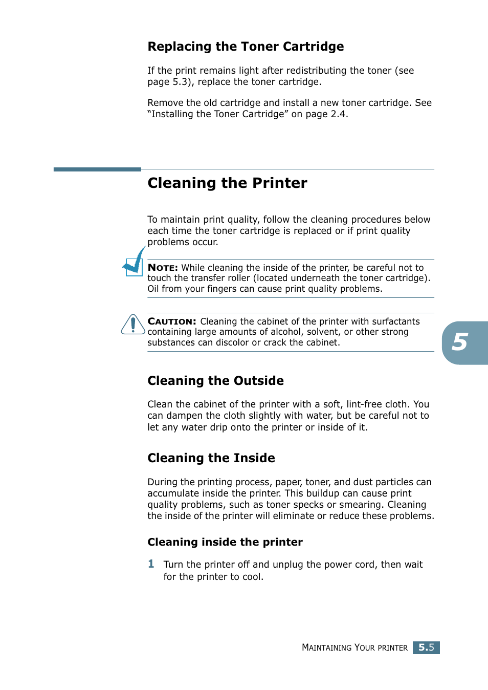 Replacing the toner cartridge, Cleaning the printer, Cleaning the outside | Cleaning the inside, Cleaning the outside cleaning the inside | Samsung ML 2250 User Manual | Page 112 / 197