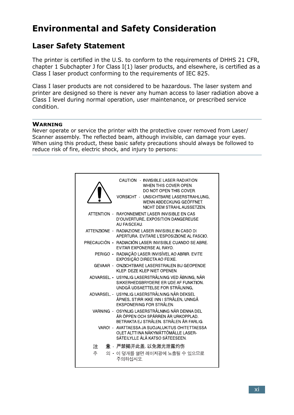 Environmental and safety consideration, Laser safety statement | Samsung ML 2250 User Manual | Page 12 / 197