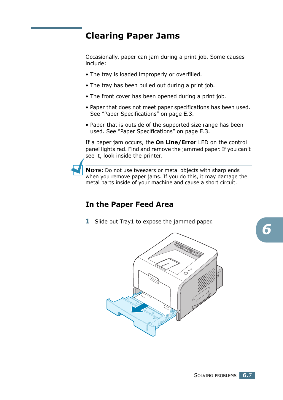 Clearing paper jams, In the paper feed area, Go to “clearing paper | Samsung ML 2250 User Manual | Page 124 / 197