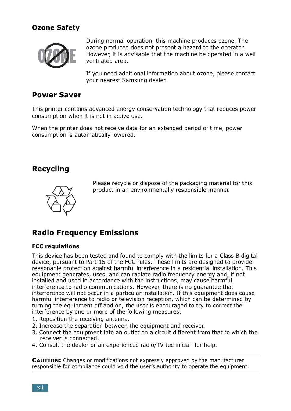 Power saver, Recycling, Radio frequency emissions | Samsung ML 2250 User Manual | Page 13 / 197