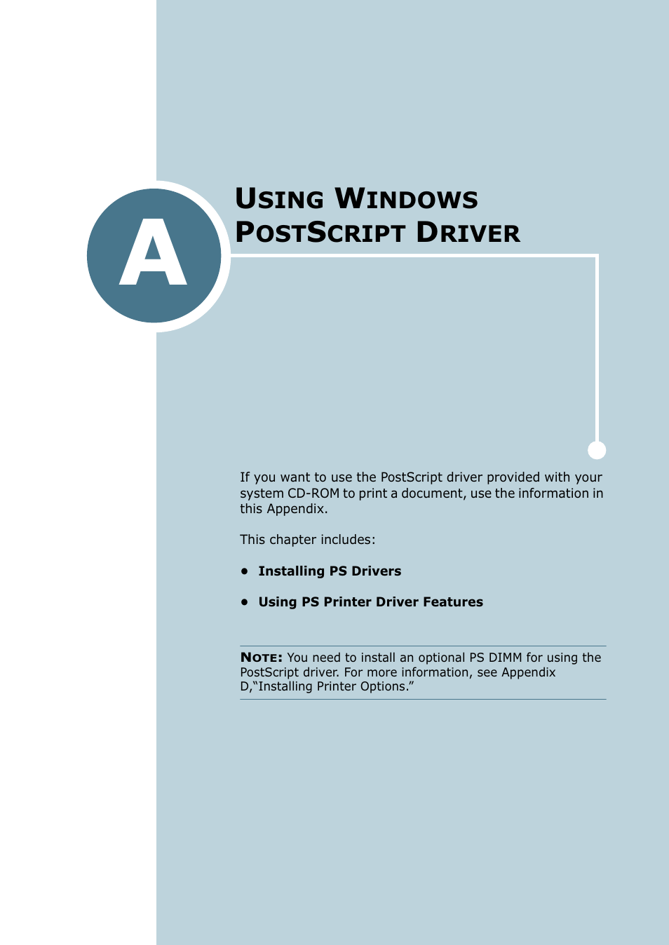 Using windows postscript driver, Appendix a, Sing | Indows, Cript, River, Refer to appendix a | Samsung ML 2250 User Manual | Page 144 / 197