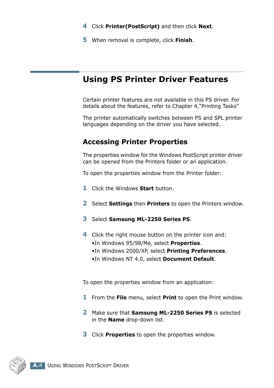 Using ps printer driver features, Accessing printer properties | Samsung ML 2250 User Manual | Page 147 / 197