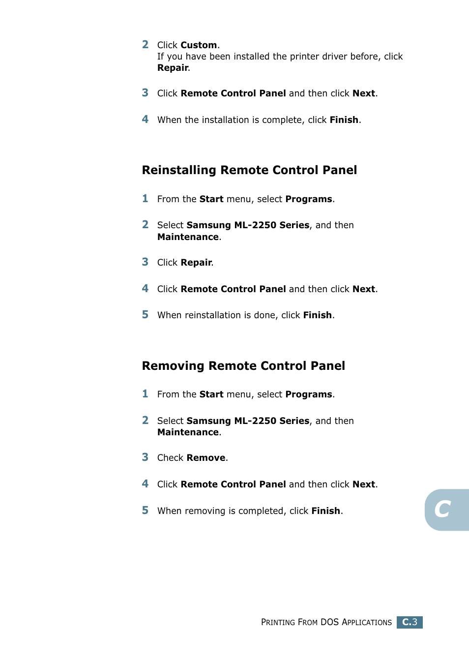 Reinstalling remote control panel, Removing remote control panel | Samsung ML 2250 User Manual | Page 162 / 197