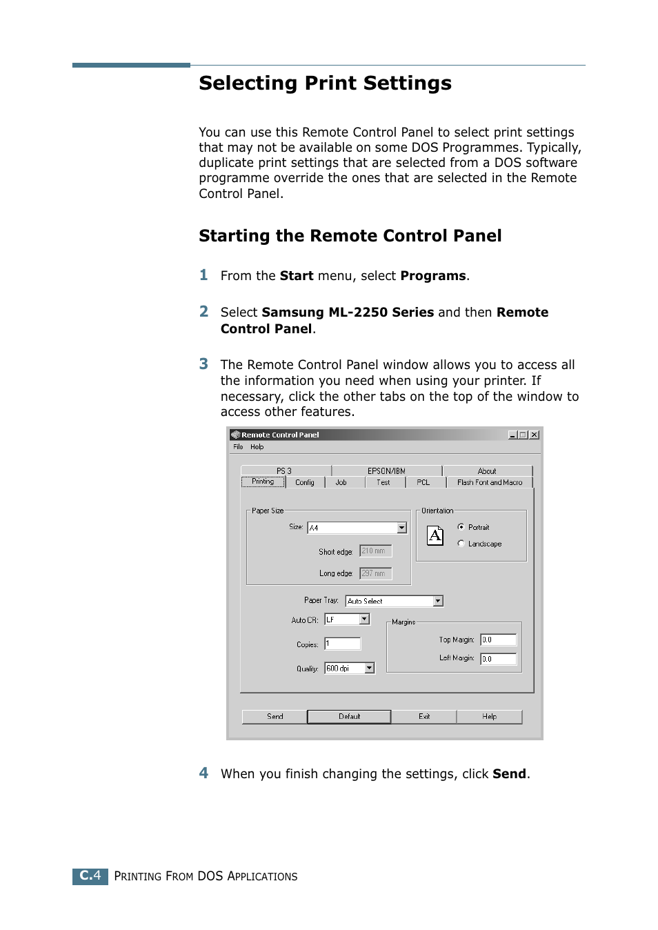 Selecting print settings, Starting the remote control panel | Samsung ML 2250 User Manual | Page 163 / 197