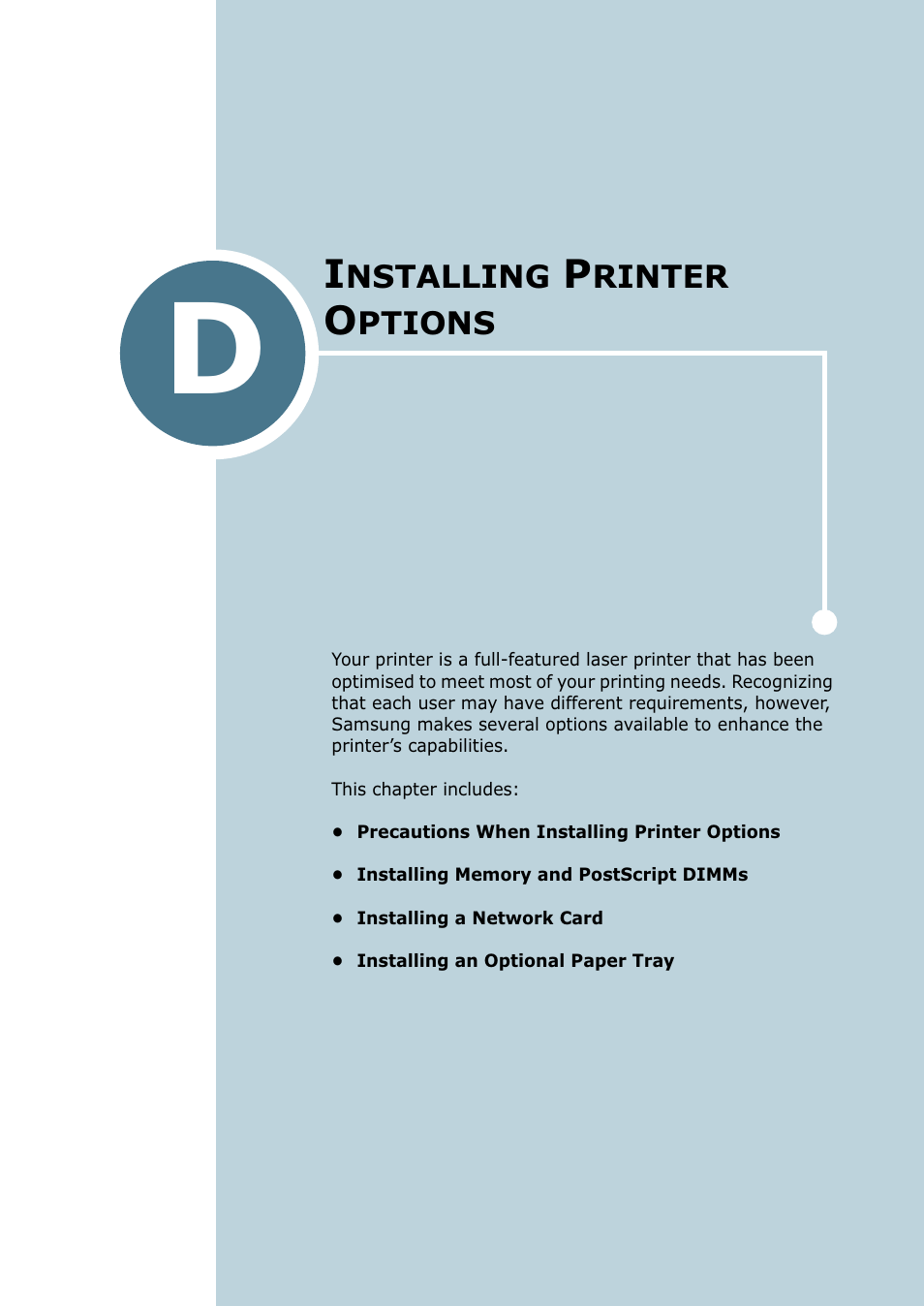 Installing printer options, Appendix d, Nstalling | Rinter, Ptions, Appendix d,“installing printer options | Samsung ML 2250 User Manual | Page 172 / 197