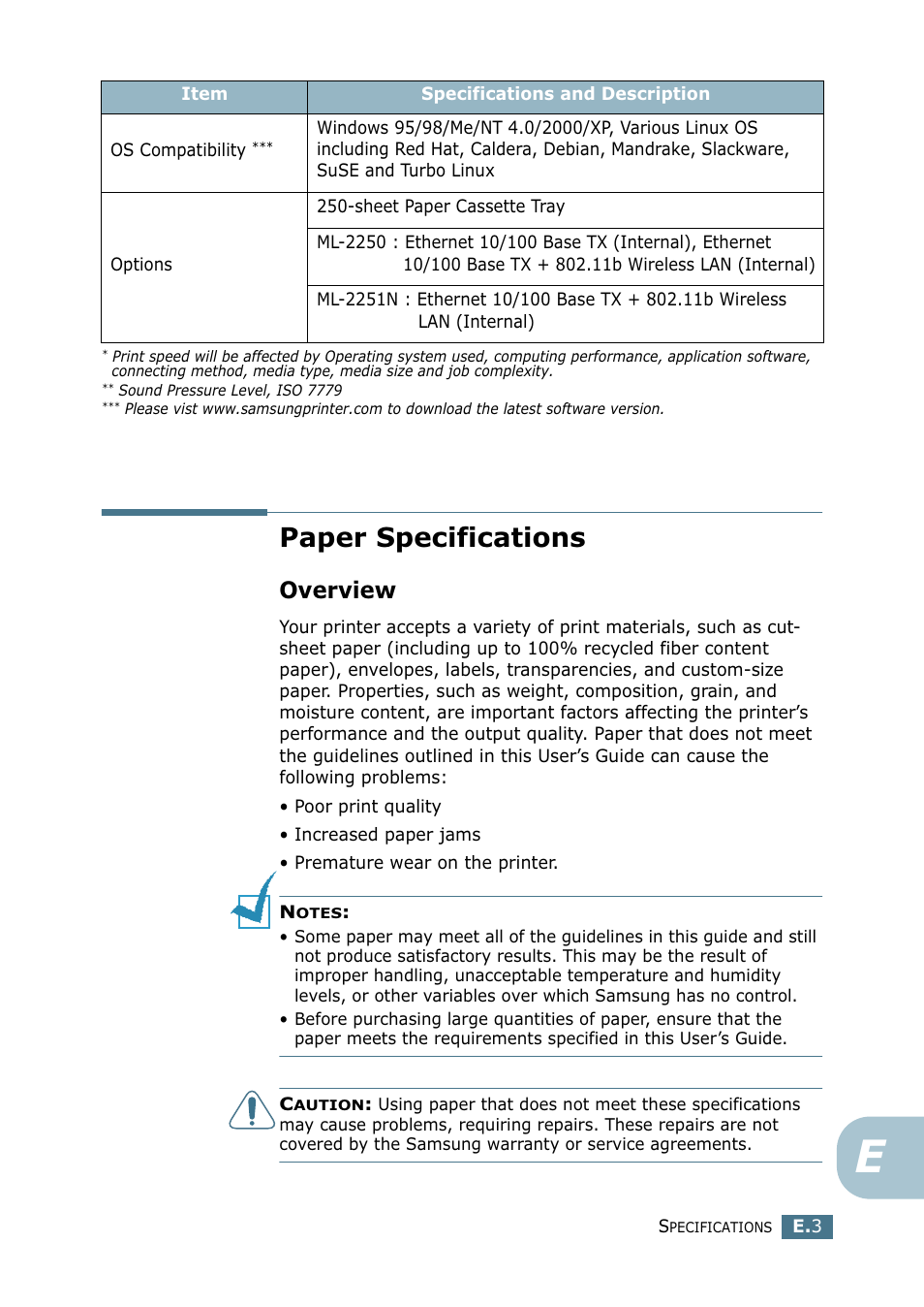 Paper specifications, Overview, Use only recommended print materials. see “paper | See “paper specifications | Samsung ML 2250 User Manual | Page 186 / 197