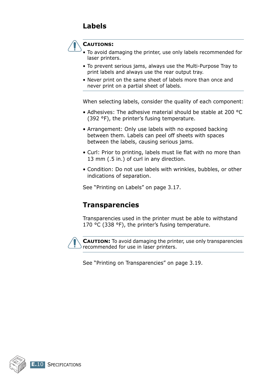 Labels, Transparencies | Samsung ML 2250 User Manual | Page 193 / 197