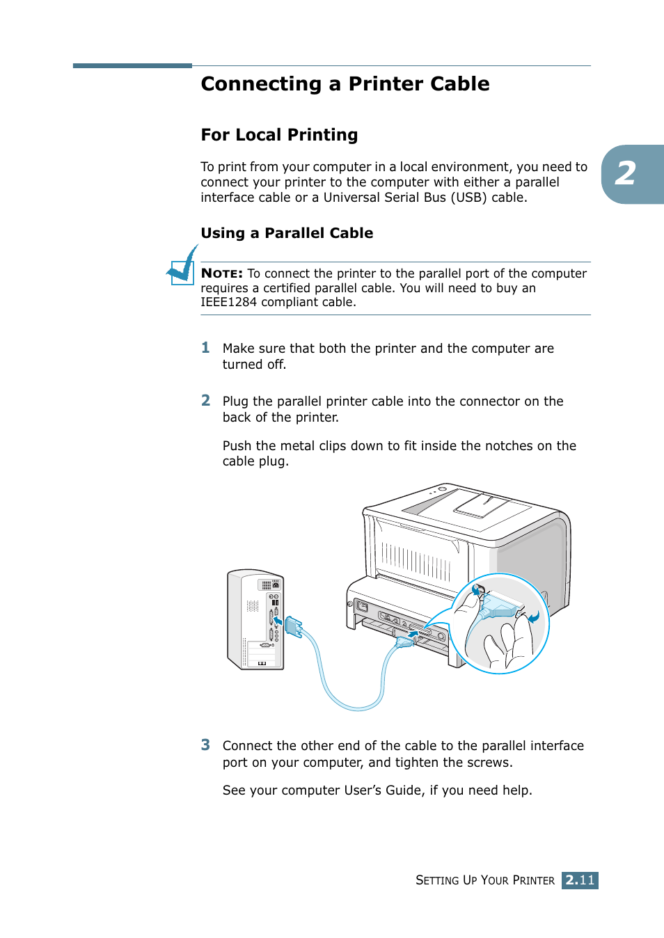 Connecting a printer cable, For local printing | Samsung ML 2250 User Manual | Page 38 / 197