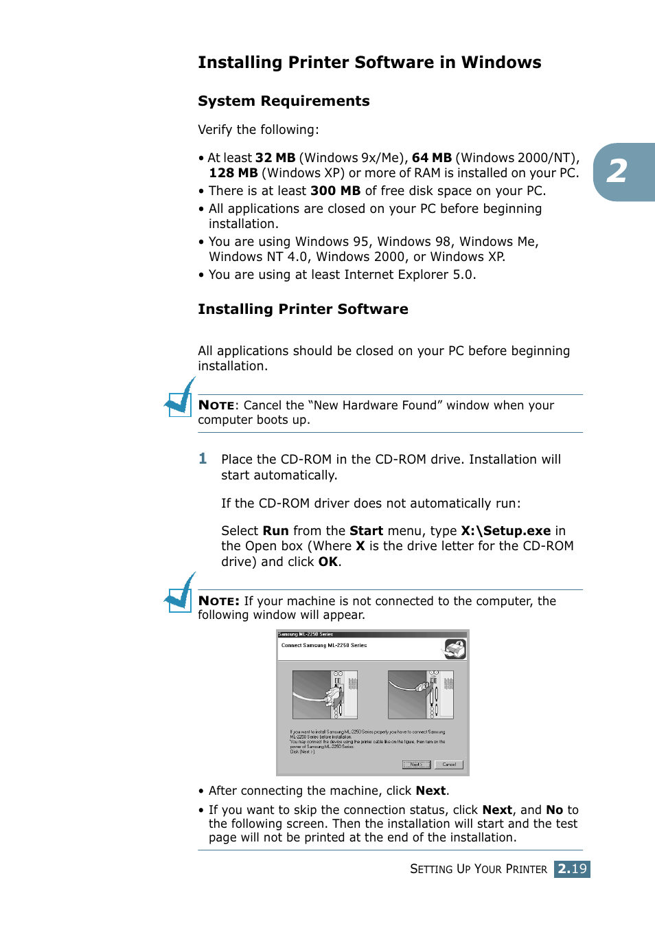Installing printer software in windows | Samsung ML 2250 User Manual | Page 46 / 197