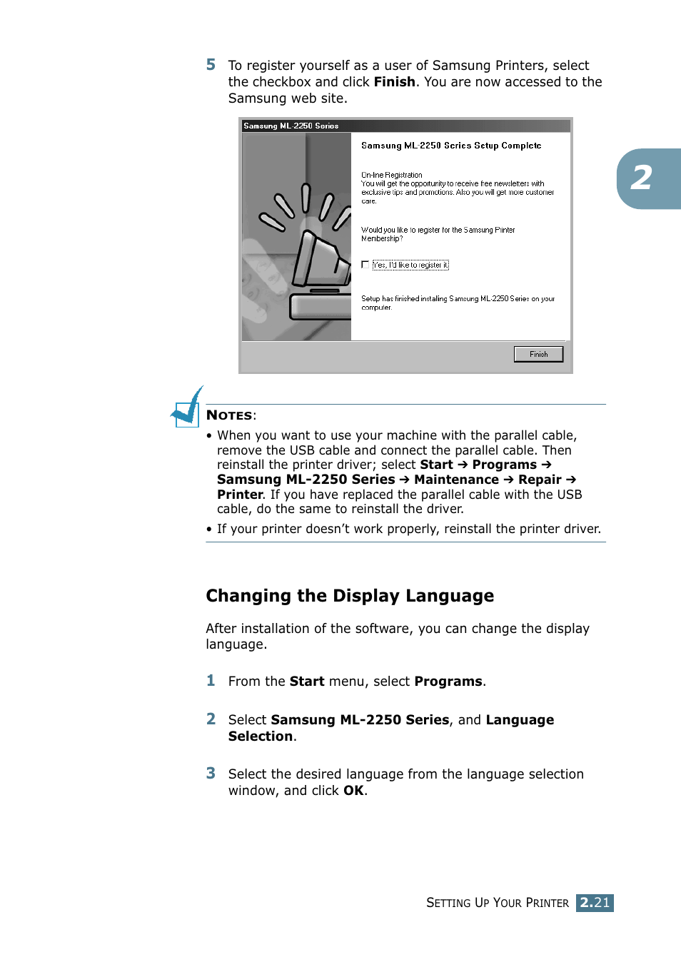Changing the display language | Samsung ML 2250 User Manual | Page 48 / 197