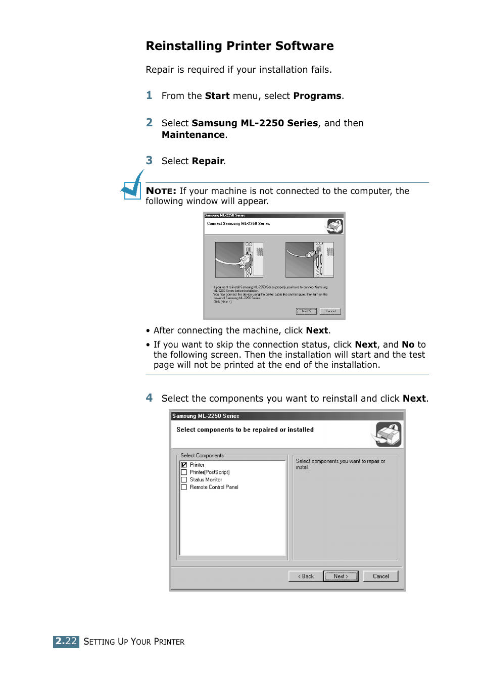 Reinstalling printer software | Samsung ML 2250 User Manual | Page 49 / 197
