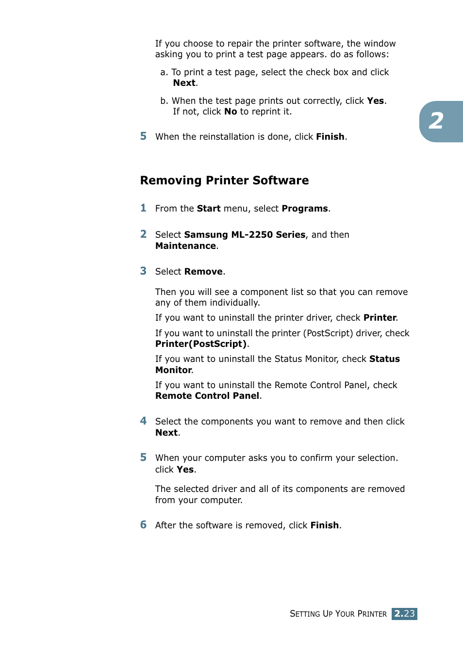 Removing printer software | Samsung ML 2250 User Manual | Page 50 / 197