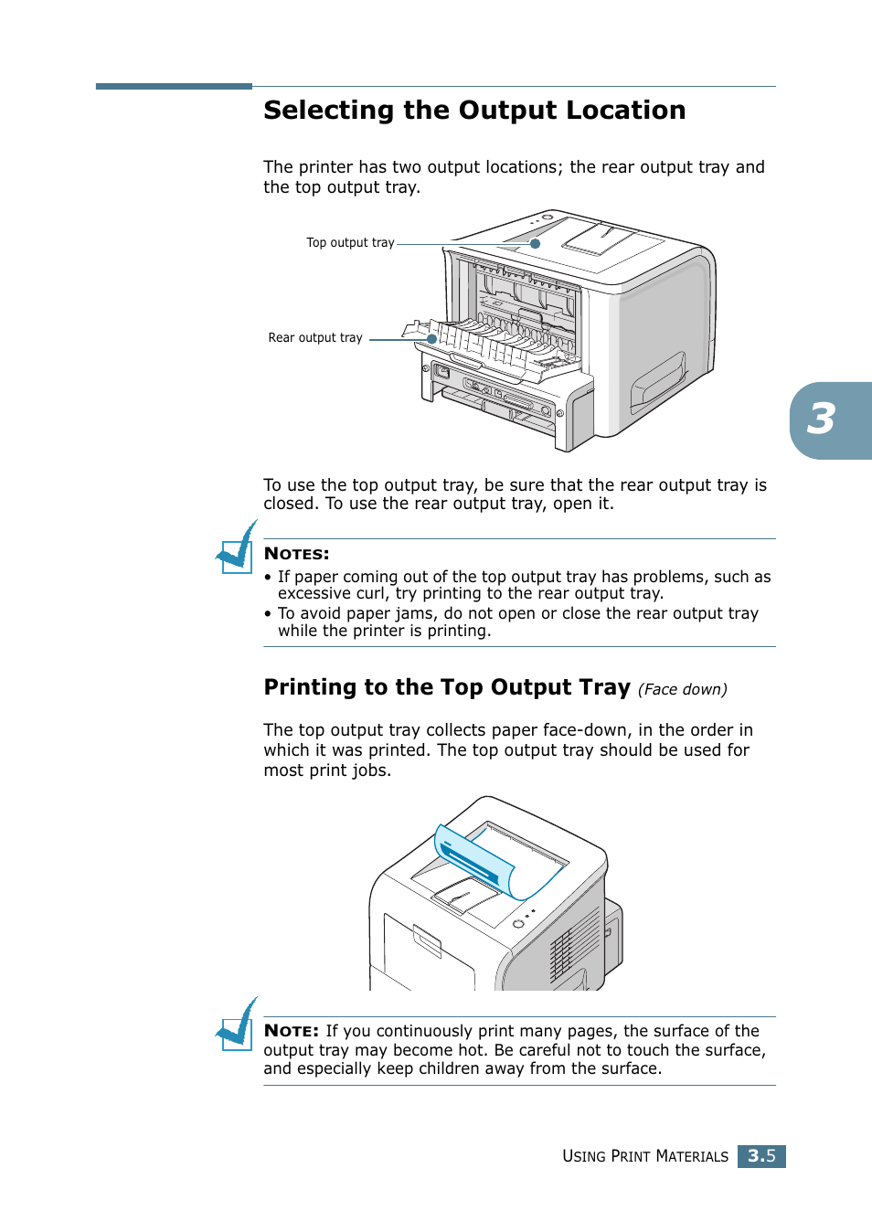 Selecting the output location, Printing to the top output tray (face down), Printing to the top output tray | Samsung ML 2250 User Manual | Page 56 / 197