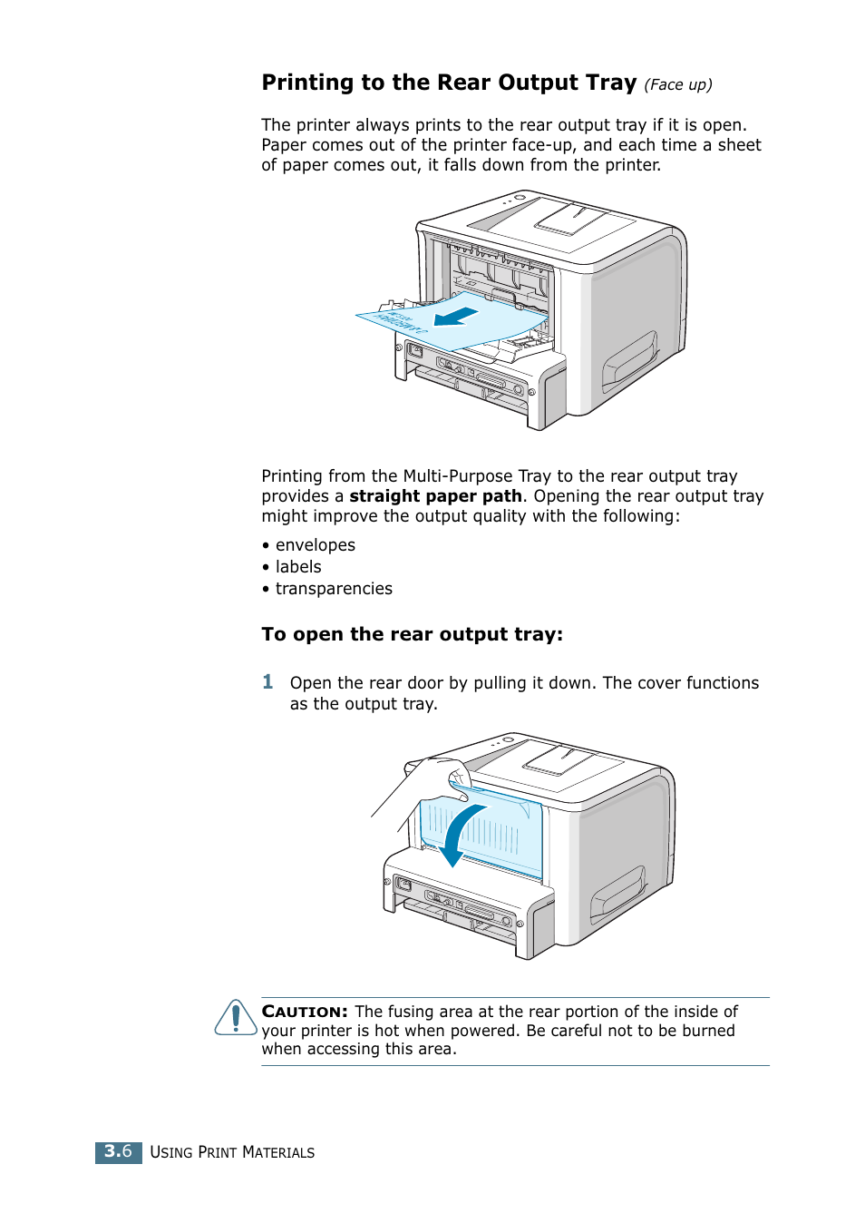 Printing to the rear output tray (face up), Printing to the rear output tray | Samsung ML 2250 User Manual | Page 57 / 197