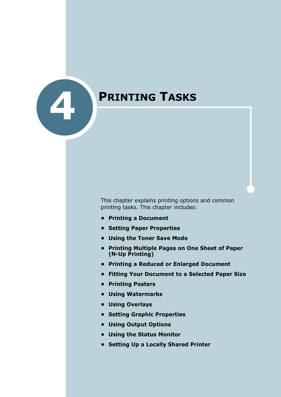 Printing tasks, Chapter 4, Rinting | Asks | Samsung ML 2250 User Manual | Page 76 / 197