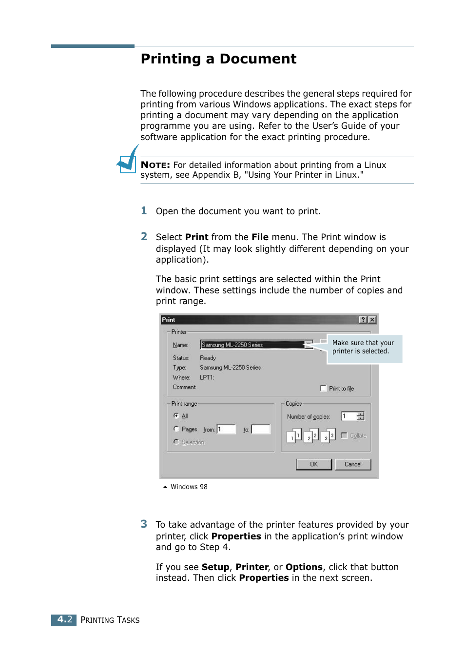 Printing a document | Samsung ML 2250 User Manual | Page 77 / 197