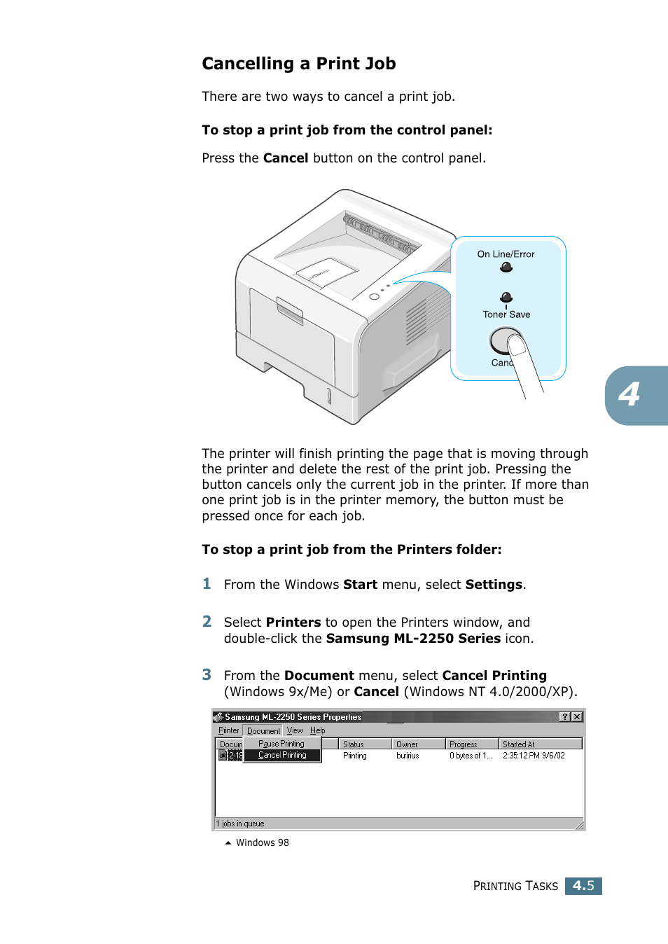 Cancelling a print job | Samsung ML 2250 User Manual | Page 80 / 197