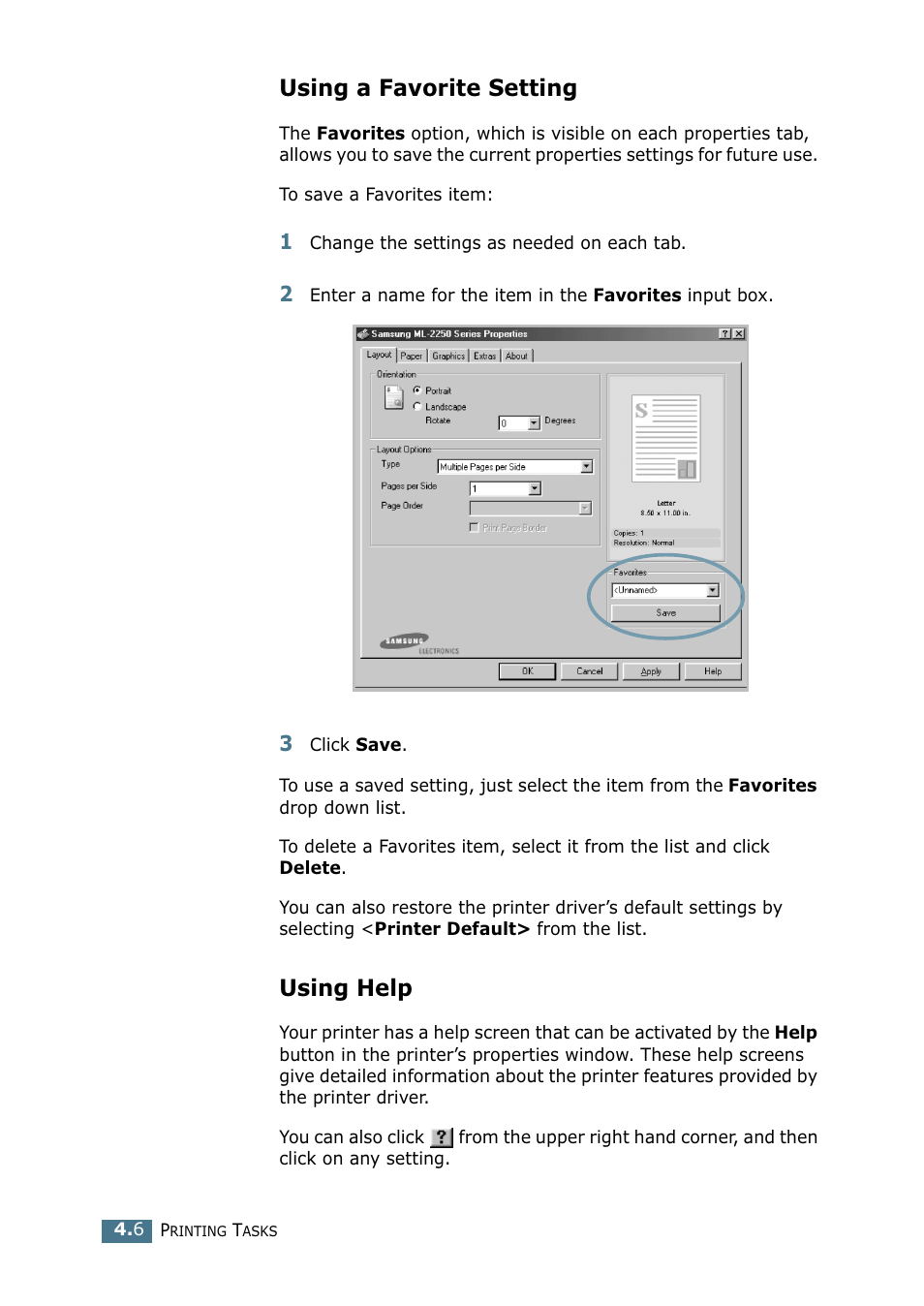 Using a favorite setting, Using help, Using a favorite setting using help | Samsung ML 2250 User Manual | Page 81 / 197