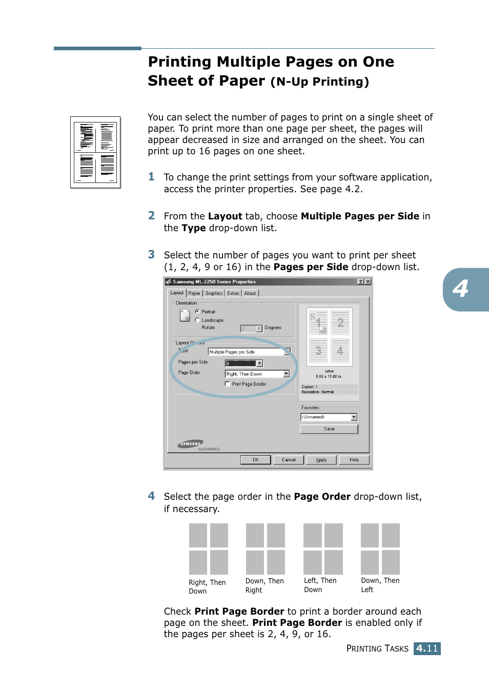 N-up printing), Printing multiple pages on one sheet of paper | Samsung ML 2250 User Manual | Page 86 / 197