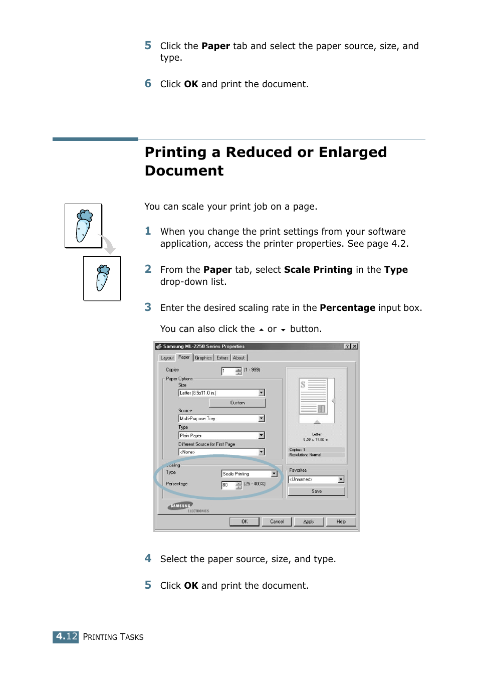 Printing a reduced or enlarged document | Samsung ML 2250 User Manual | Page 87 / 197