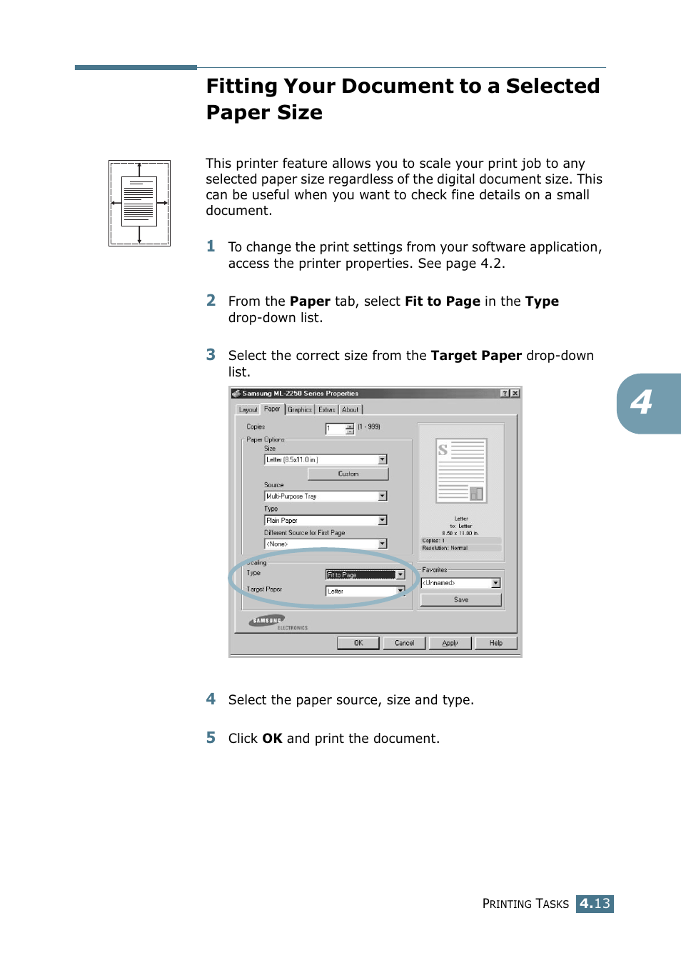 Fitting your document to a selected paper size | Samsung ML 2250 User Manual | Page 88 / 197