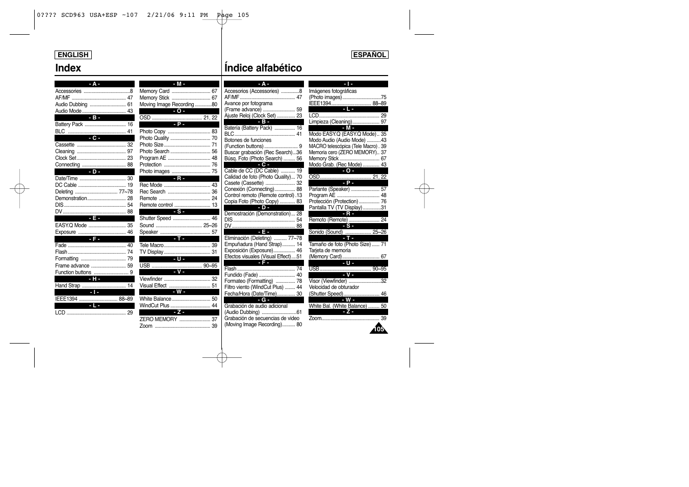 Index índice alfabético | Samsung CAMCODER SC-D963 User Manual | Page 105 / 107