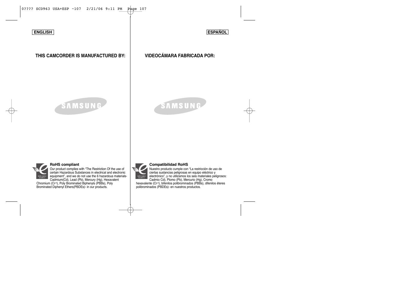 Samsung CAMCODER SC-D963 User Manual | Page 107 / 107