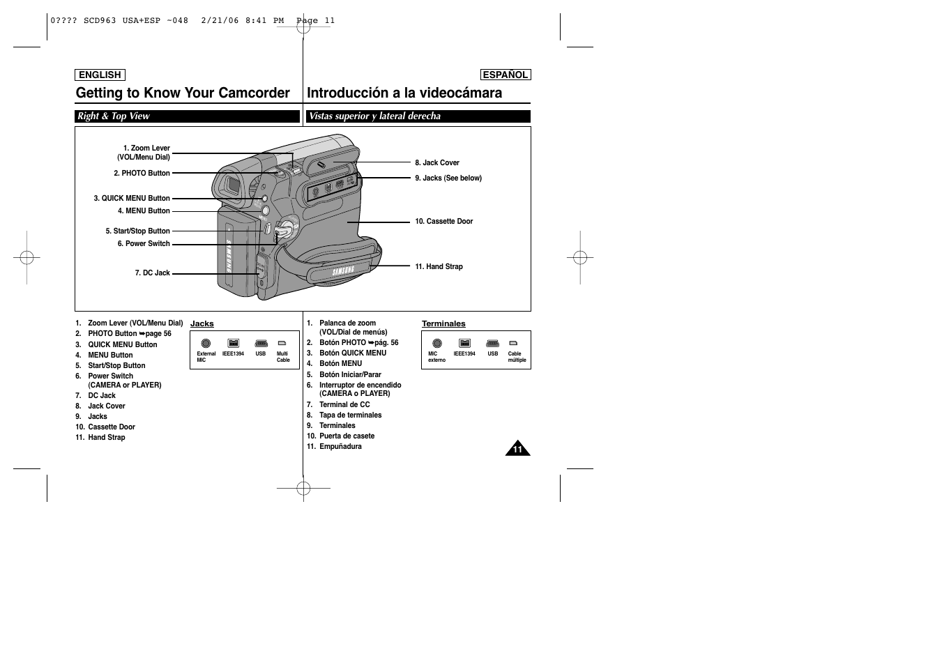 Right & top view vistas superior y lateral derecha | Samsung CAMCODER SC-D963 User Manual | Page 11 / 107