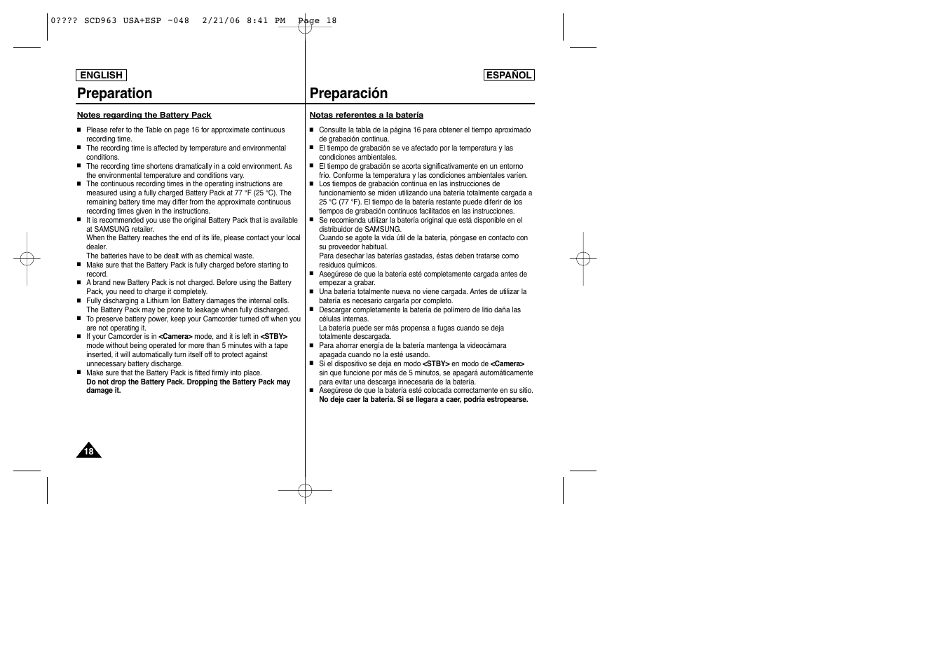 Preparation preparación | Samsung CAMCODER SC-D963 User Manual | Page 18 / 107