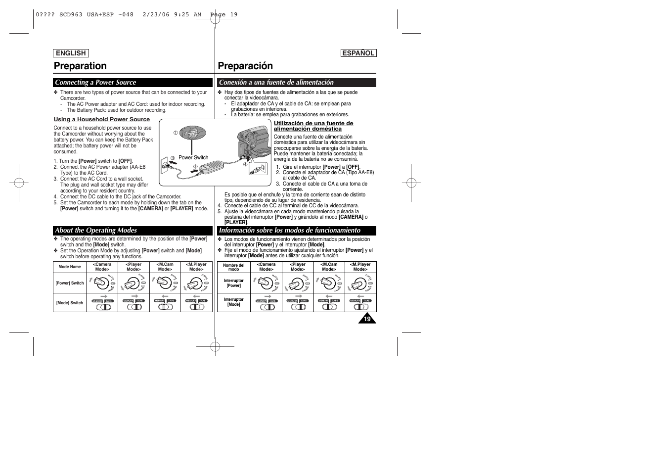 Preparation preparación, Quic k men u playe r ca m er a, English español 19 19 | Samsung CAMCODER SC-D963 User Manual | Page 19 / 107