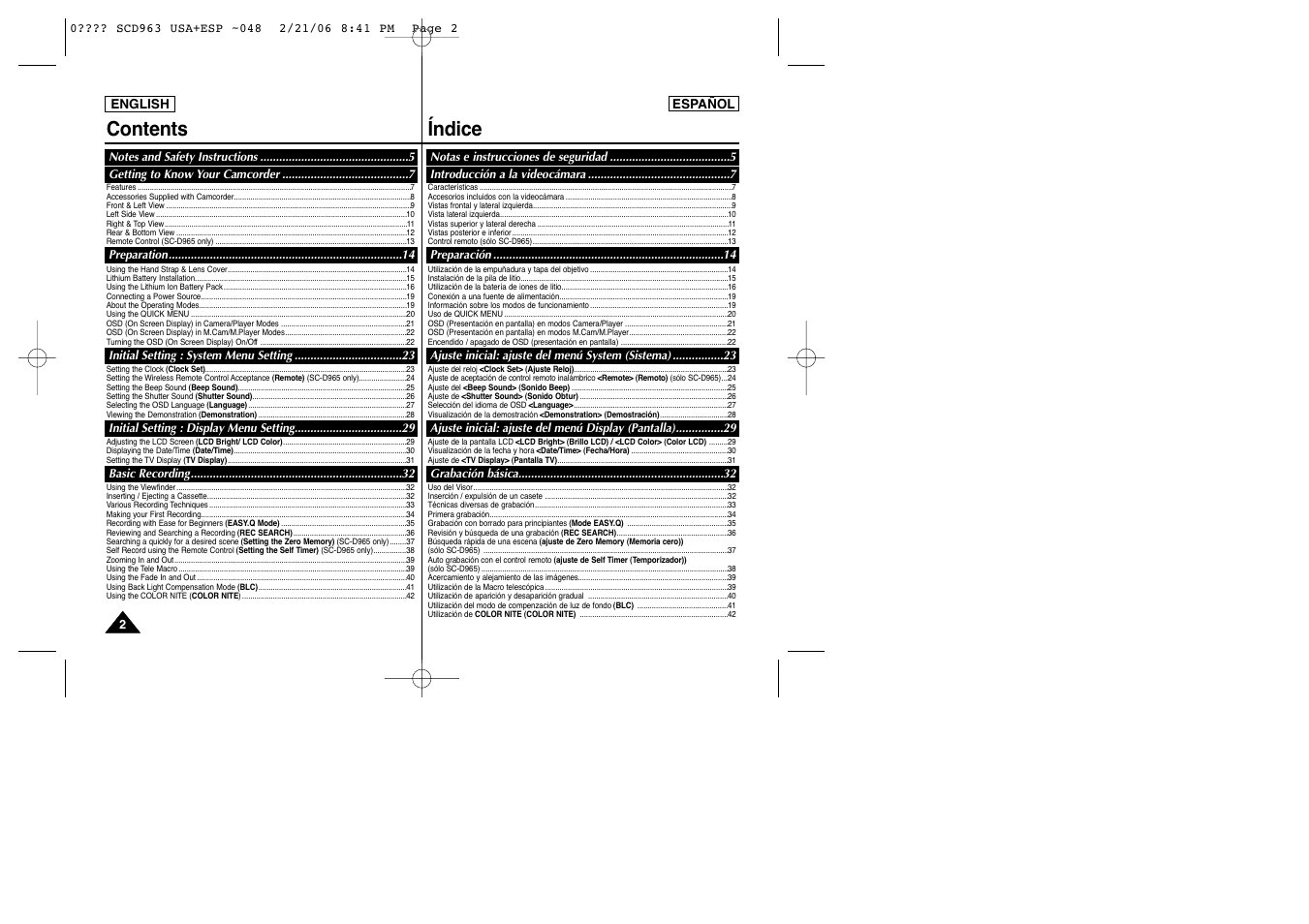 Contents índice | Samsung CAMCODER SC-D963 User Manual | Page 2 / 107