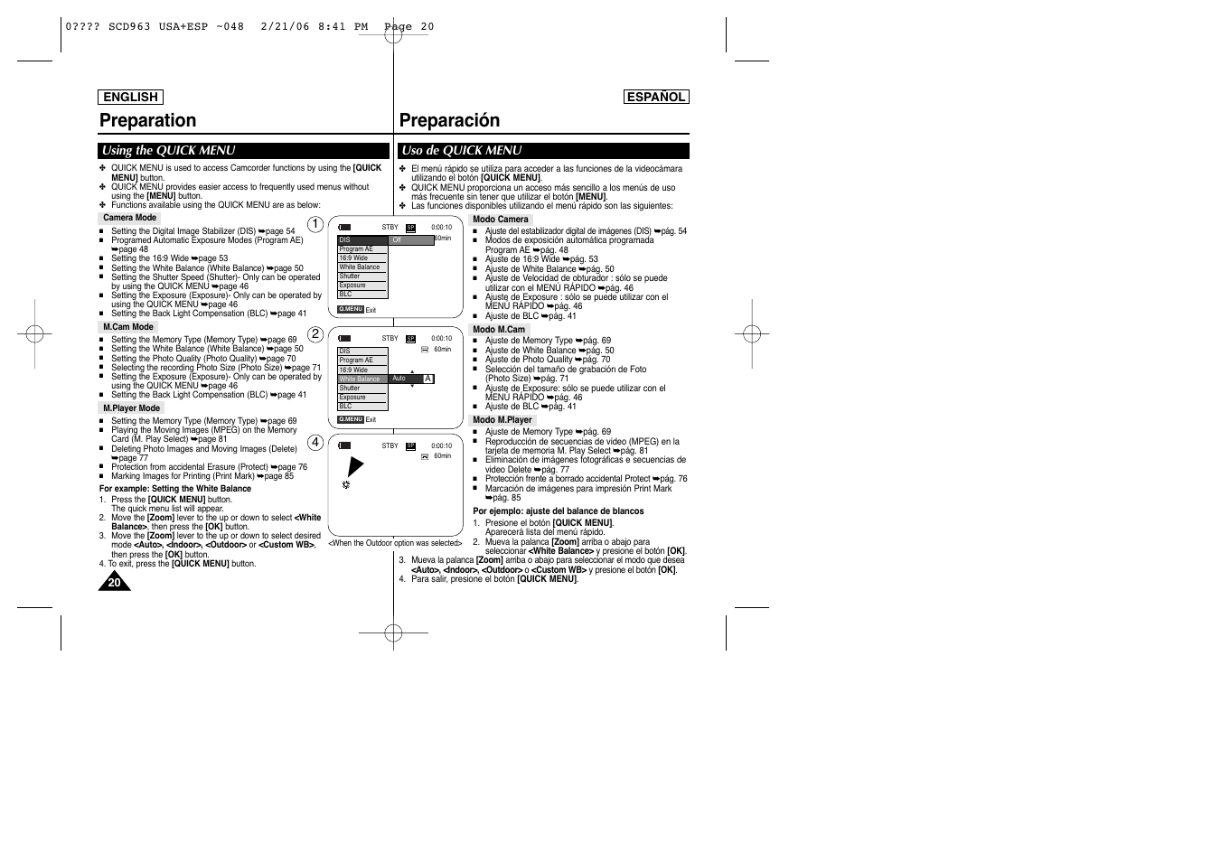Preparation preparación, Using the quick menu, Uso de quick menu | Samsung CAMCODER SC-D963 User Manual | Page 20 / 107