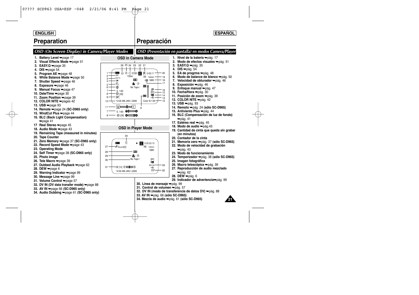 Preparation preparación, Osd (on screen display) in camera/player modes | Samsung CAMCODER SC-D963 User Manual | Page 21 / 107
