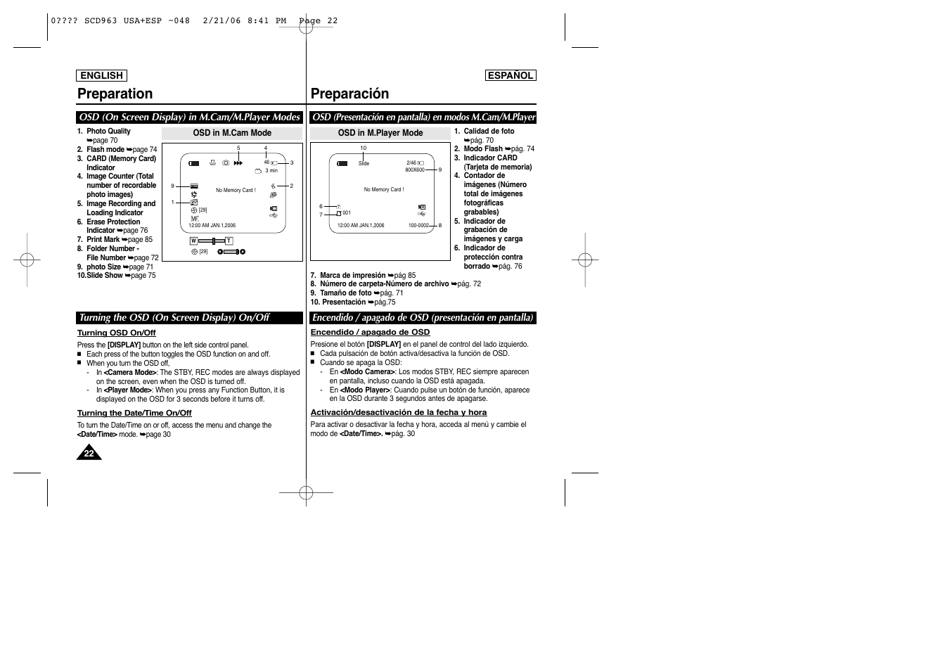 Preparation preparación | Samsung CAMCODER SC-D963 User Manual | Page 22 / 107