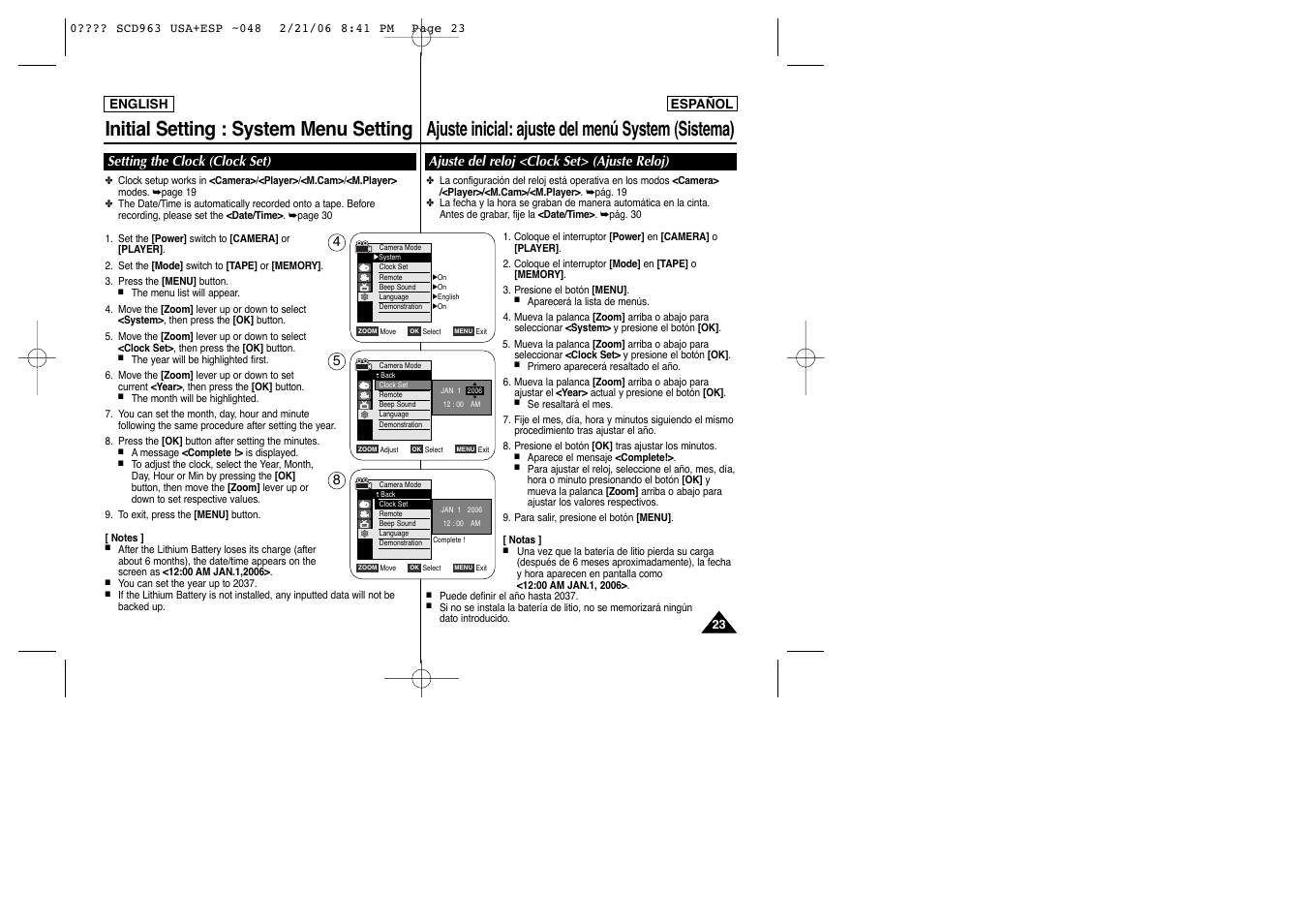 Ajuste del reloj <clock set> (ajuste reloj), Setting the clock (clock set) | Samsung CAMCODER SC-D963 User Manual | Page 23 / 107