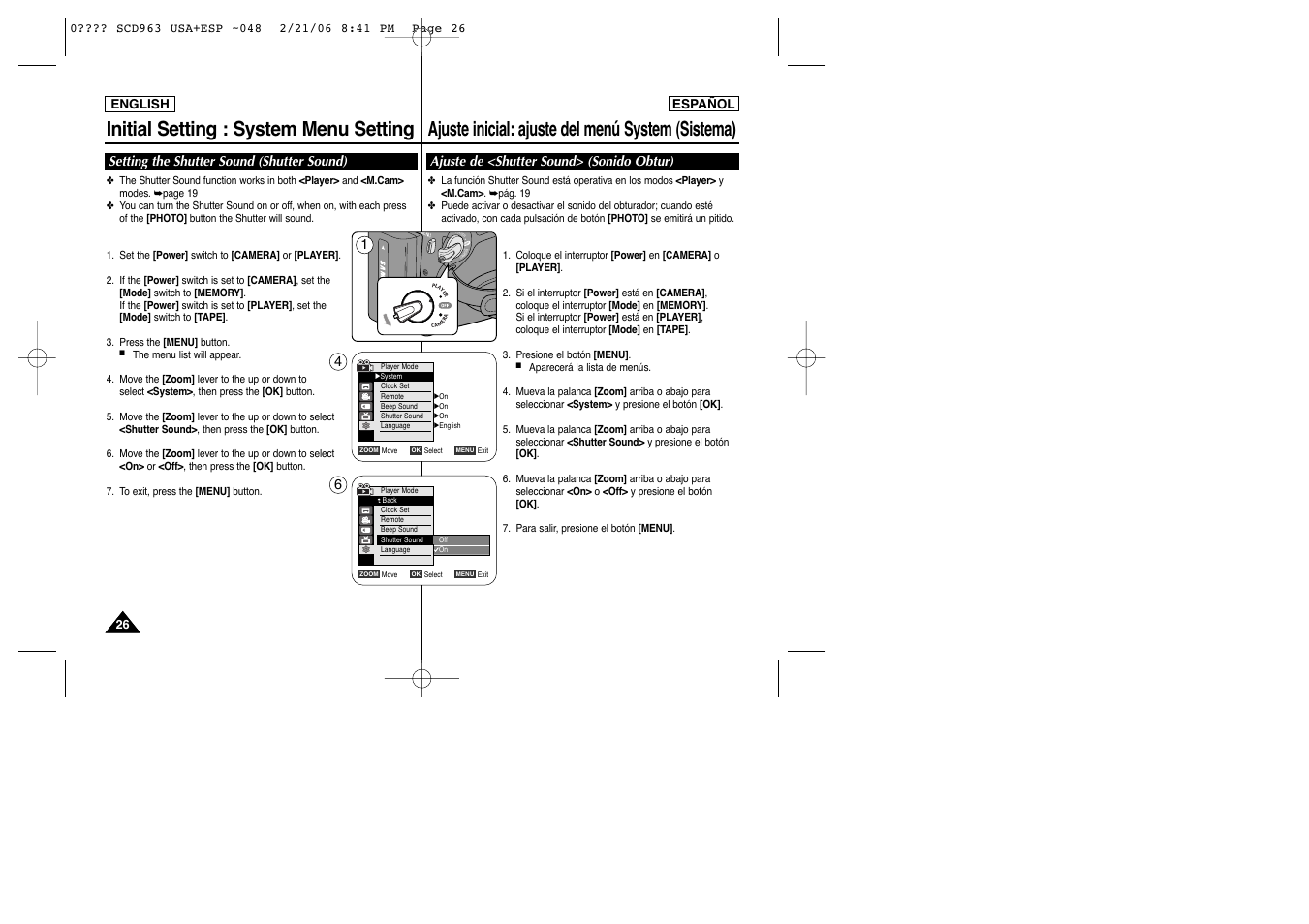 Initial setting : system menu setting, Ajuste inicial: ajuste del menú system (sistema), Setting the shutter sound (shutter sound) | Ajuste de <shutter sound> (sonido obtur) | Samsung CAMCODER SC-D963 User Manual | Page 26 / 107
