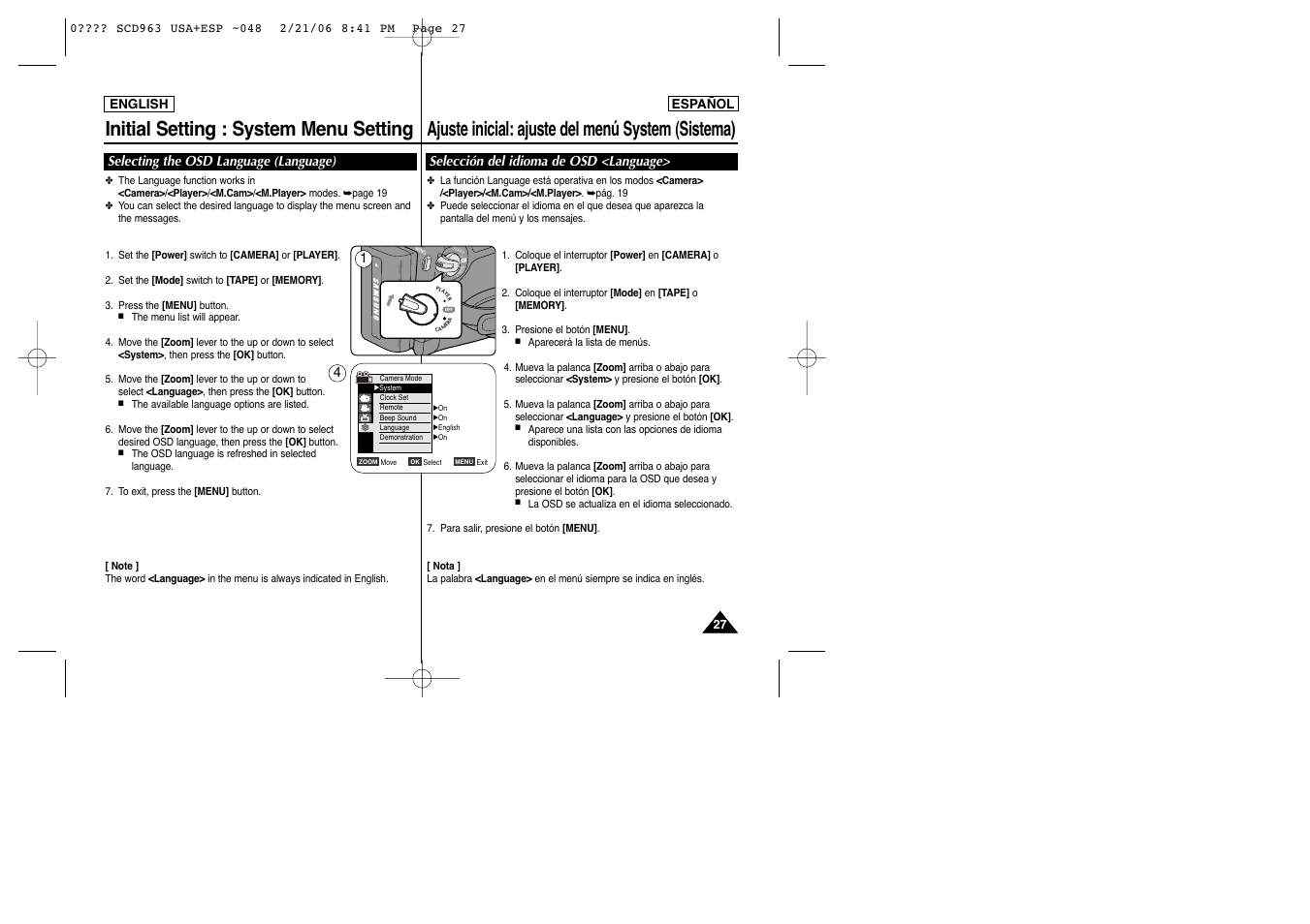 Initial setting : system menu setting, Ajuste inicial: ajuste del menú system (sistema), Selecting the osd language (language) | Selección del idioma de osd <language | Samsung CAMCODER SC-D963 User Manual | Page 27 / 107
