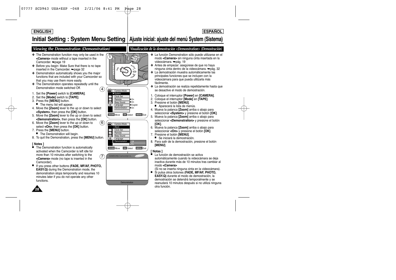 Initial setting : system menu setting, Ajuste inicial: ajuste del menú system (sistema), Viewing the demonstration (demonstration) | Samsung CAMCODER SC-D963 User Manual | Page 28 / 107
