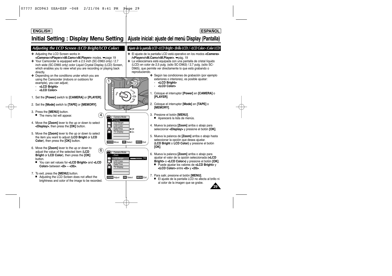 Initial setting : display menu setting, Ajuste inicial: ajuste del menú display (pantalla), Adjusting the lcd screen (lcd bright/lcd color) | Samsung CAMCODER SC-D963 User Manual | Page 29 / 107