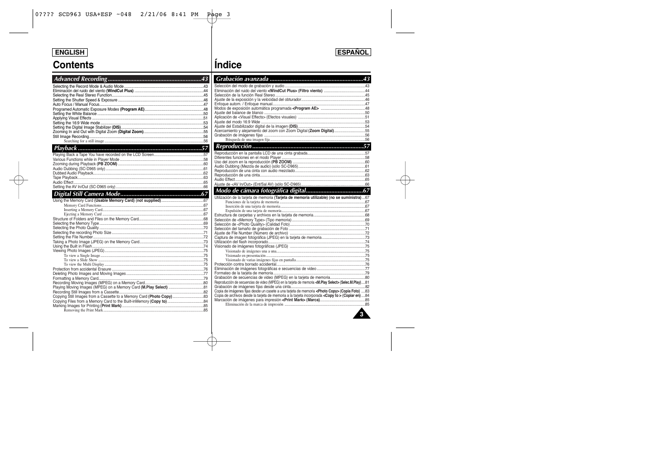 Contents índice | Samsung CAMCODER SC-D963 User Manual | Page 3 / 107