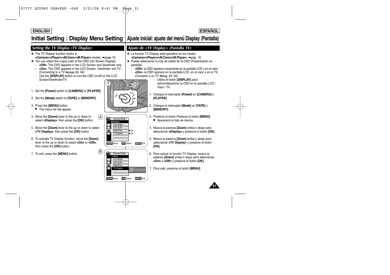 Initial setting : display menu setting, Ajuste inicial: ajuste del menú display (pantalla), Setting the tv display (tv display) | Ajuste de <tv display> (pantalla tv) | Samsung CAMCODER SC-D963 User Manual | Page 31 / 107
