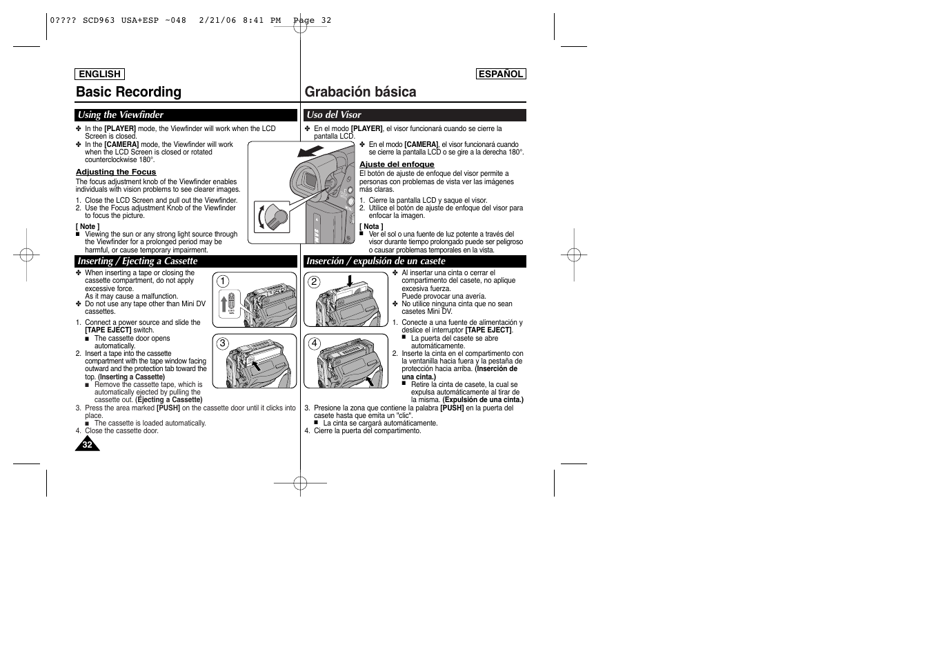 Basic recording, Grabación básica | Samsung CAMCODER SC-D963 User Manual | Page 32 / 107