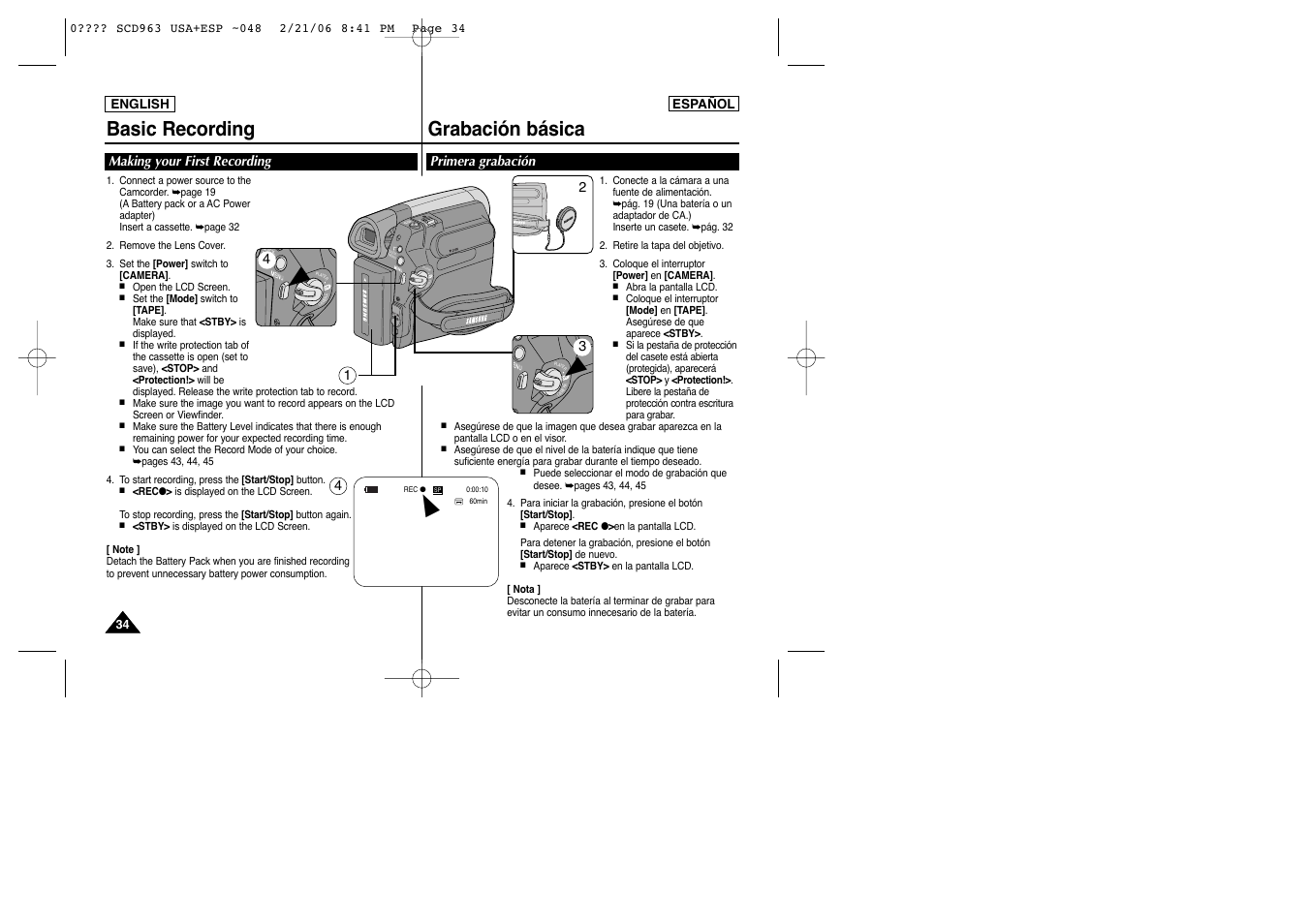 Basic recording, Grabación básica, Making your first recording | Primera grabación | Samsung CAMCODER SC-D963 User Manual | Page 34 / 107