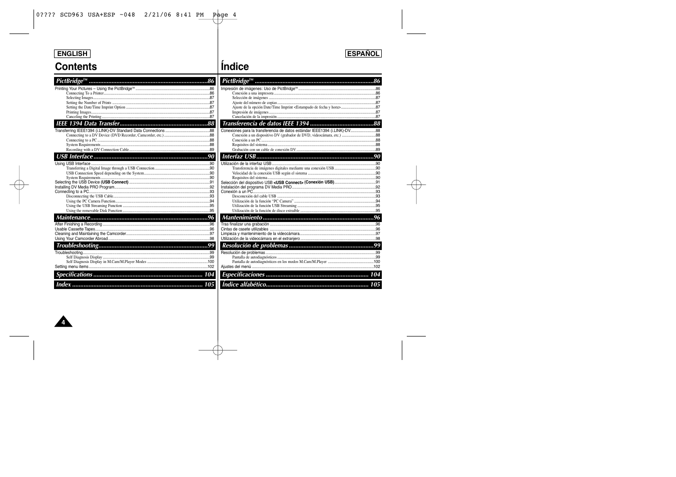 Contents índice | Samsung CAMCODER SC-D963 User Manual | Page 4 / 107