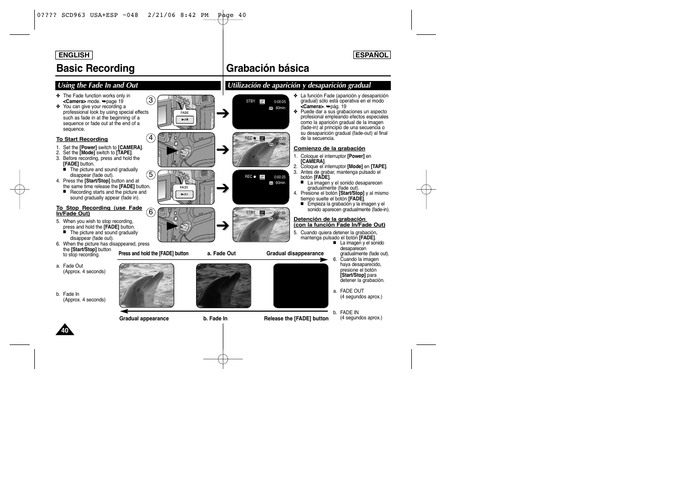 Basic recording, Grabación básica, Playe r ca m er a m | Playe r ca m er a | Samsung CAMCODER SC-D963 User Manual | Page 40 / 107