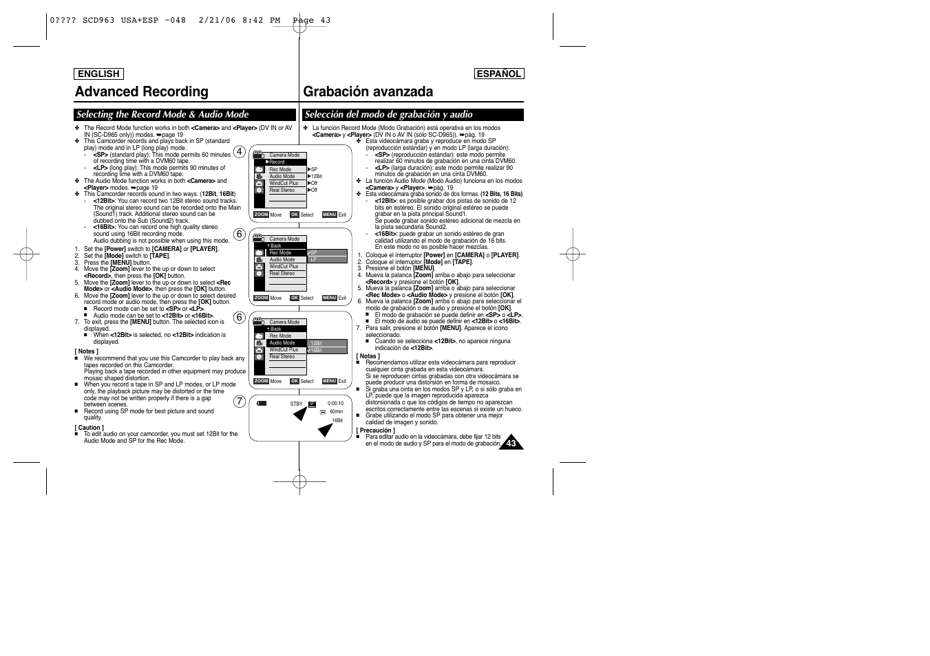 Advanced recording, Grabación avanzada, Selecting the record mode & audio mode | Selección del modo de grabación y audio | Samsung CAMCODER SC-D963 User Manual | Page 43 / 107