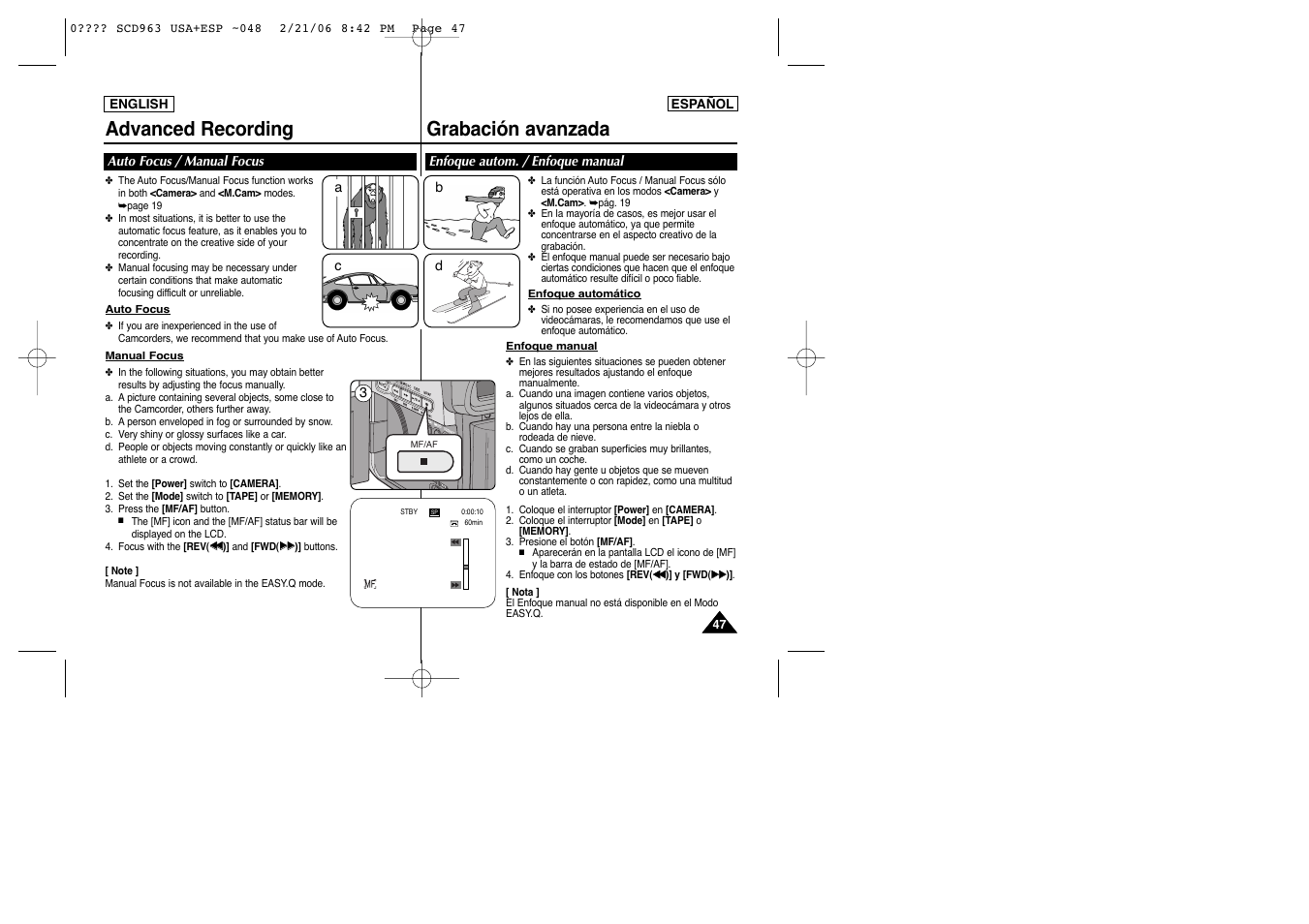 Advanced recording, Grabación avanzada | Samsung CAMCODER SC-D963 User Manual | Page 47 / 107